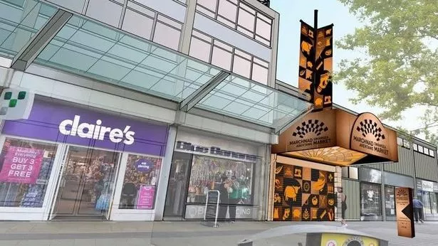 The impression of an artist from the barrel design. The picture shows a bronze -colored entrance with an arch with 'Swansea Market' in English and Welsh. A pole that holds three banner with iconography is also on the top of the arch. 