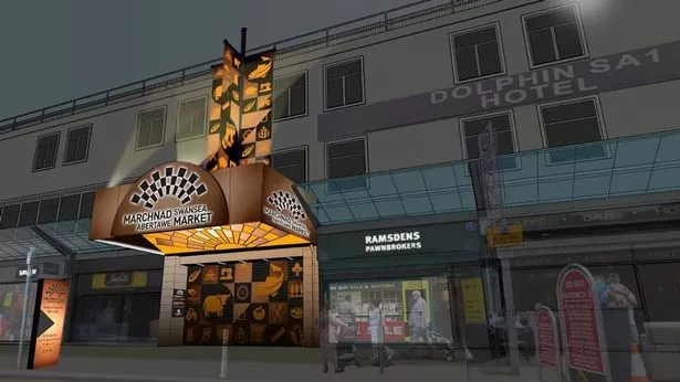 The impression of an artist from the barrel design. The picture shows a bronze -colored entrance with an arch with 'Swansea Market' in English and Welsh. A pole that holds three banner with iconography is also on the top of the arch. 