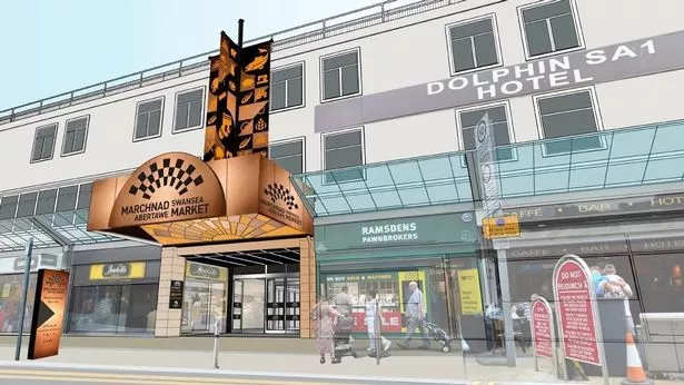 The impression of an artist from the barrel design. The picture shows a bronze -colored entrance with an arch with 'Swansea Market' in English and Welsh. A pole that holds three banner with iconography is also on the top of the arch. 
