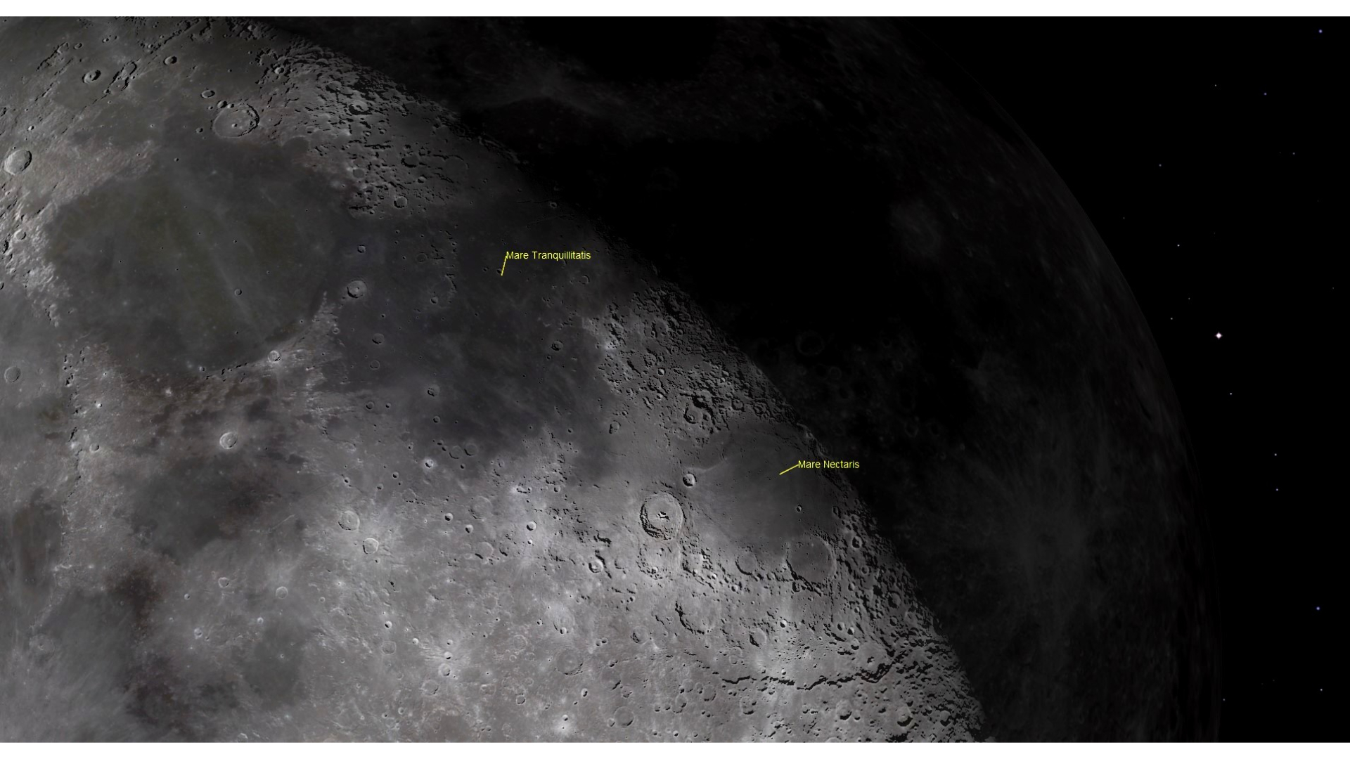 A close -up of the moon surface in space with labeled characteristics such as mare Nectaris near craters on the moon
