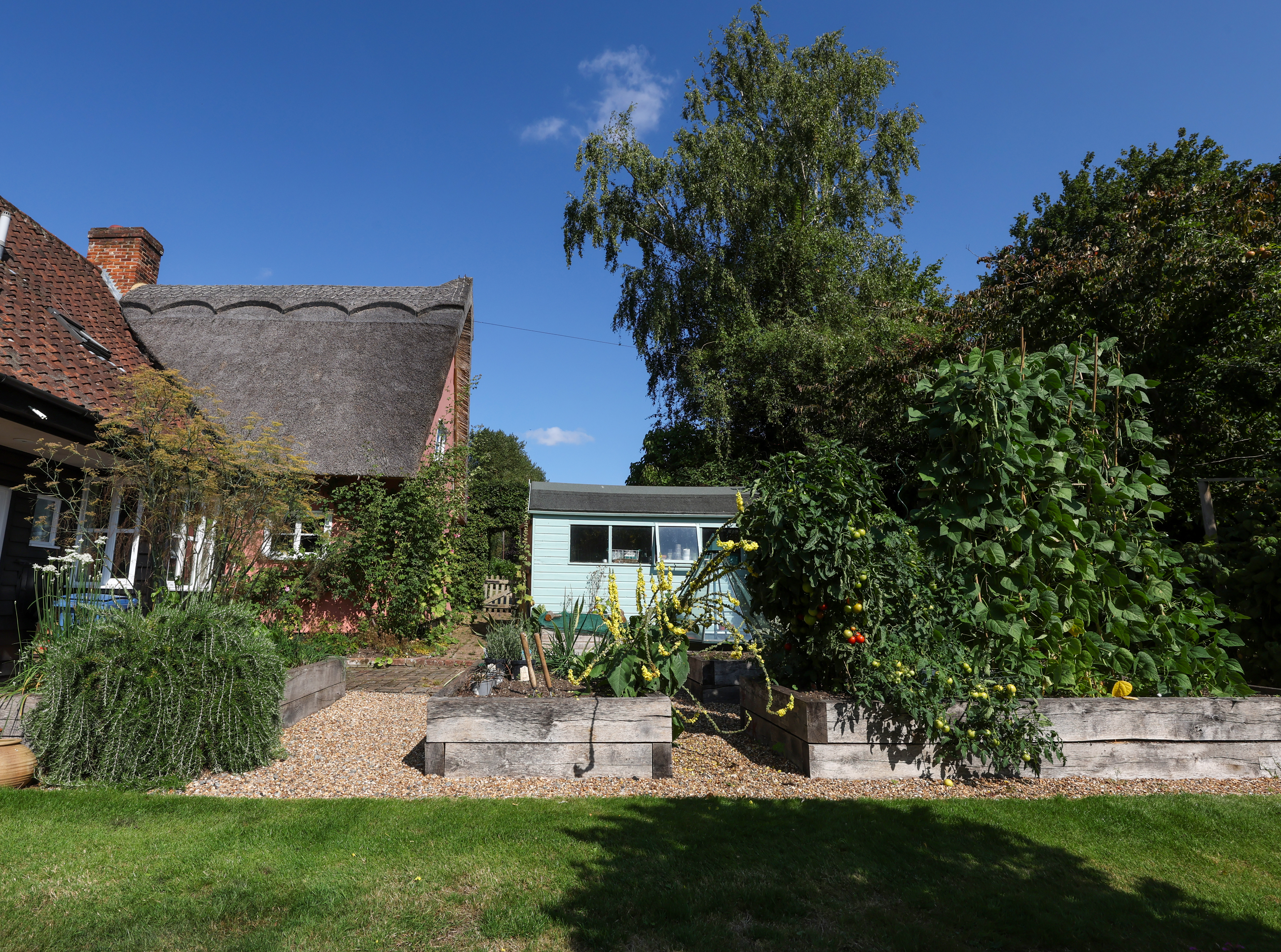 Redesign of a hectare garden with raised vegetable beds, grasses, ferns, bushes and perennials.