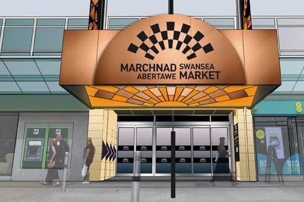The impression of an artist from the barrel design. The picture shows a bronze -colored entrance with an arch with 'Swansea Market' in English and Welsh. 