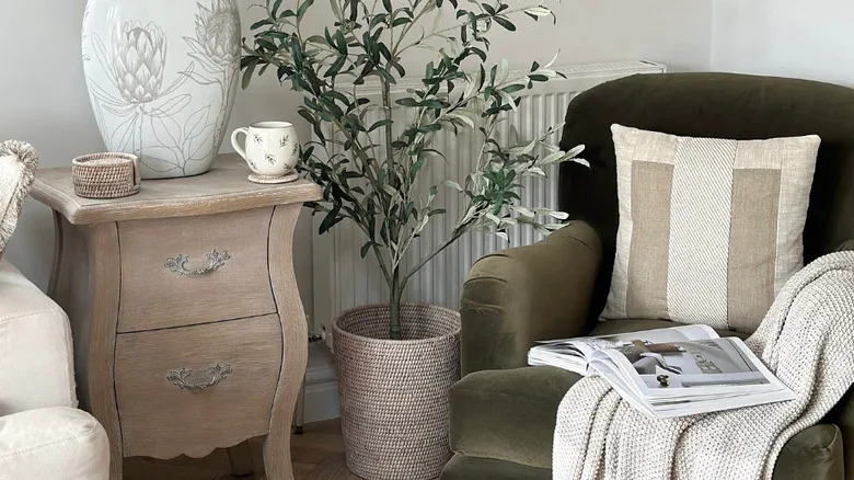 A living room corner with modern hut elements, including a green armchair with a throwing ceiling, a high plant and a wooden publication