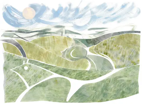 Rose Ferraby paints the Collage presentation of the Uffington White Horse and the hill that surround it.