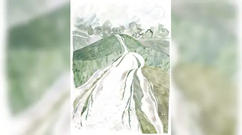 Rose Ferraby painted Collage in green, white and brown of a calcian path that led over some hills.