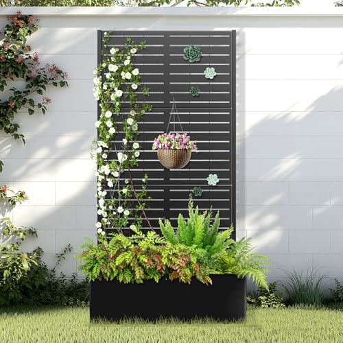 Metal raised bed with trellis, 2-in-1 trellis with planter box and trellis. Privacy Screen for Climbing Plants, Vines, Outdoor Standing Flower Beds with Drainage Holes, 35.4"lx 15.7"wx 70.9"h, black