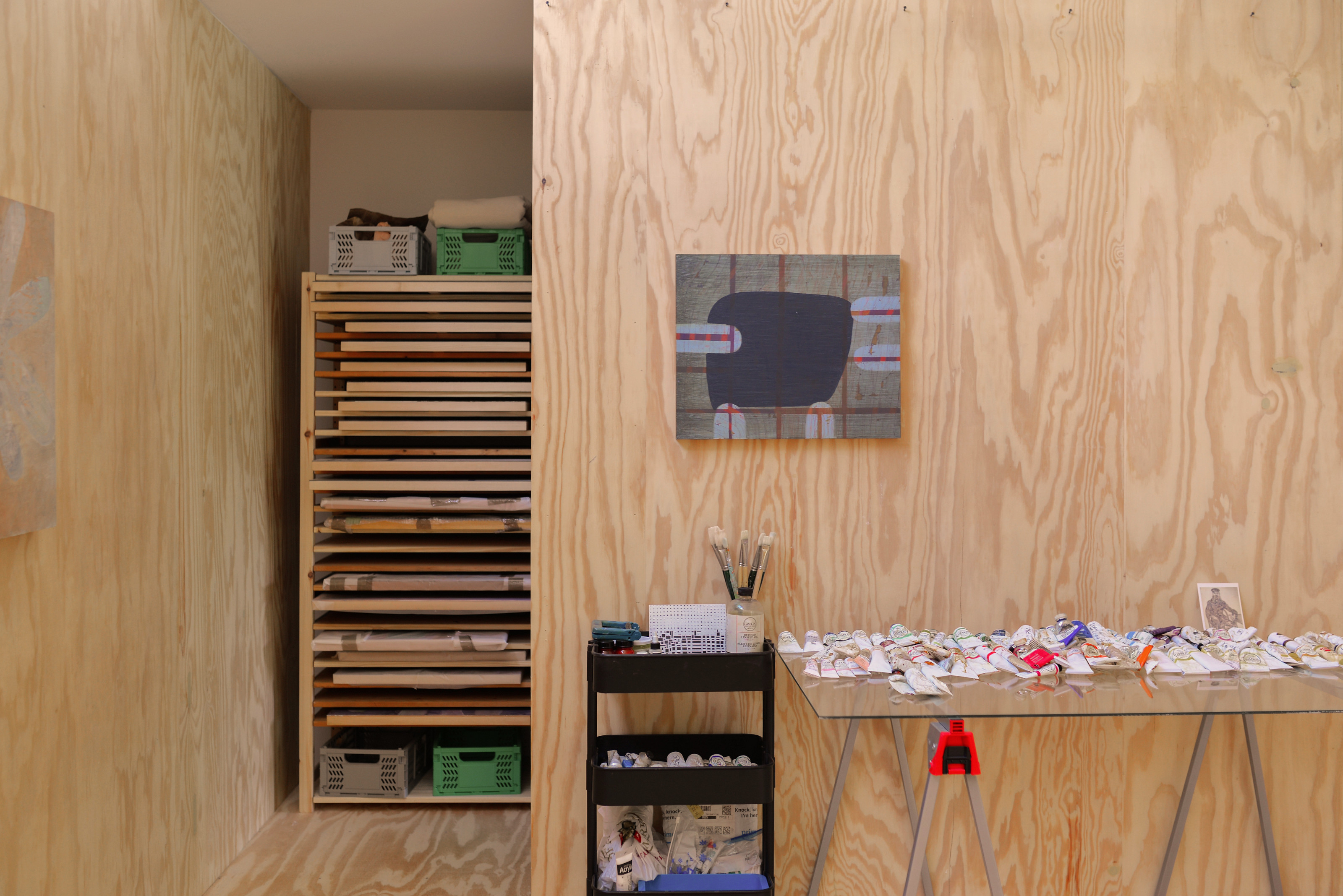The studio has storage space in addition to the main work area