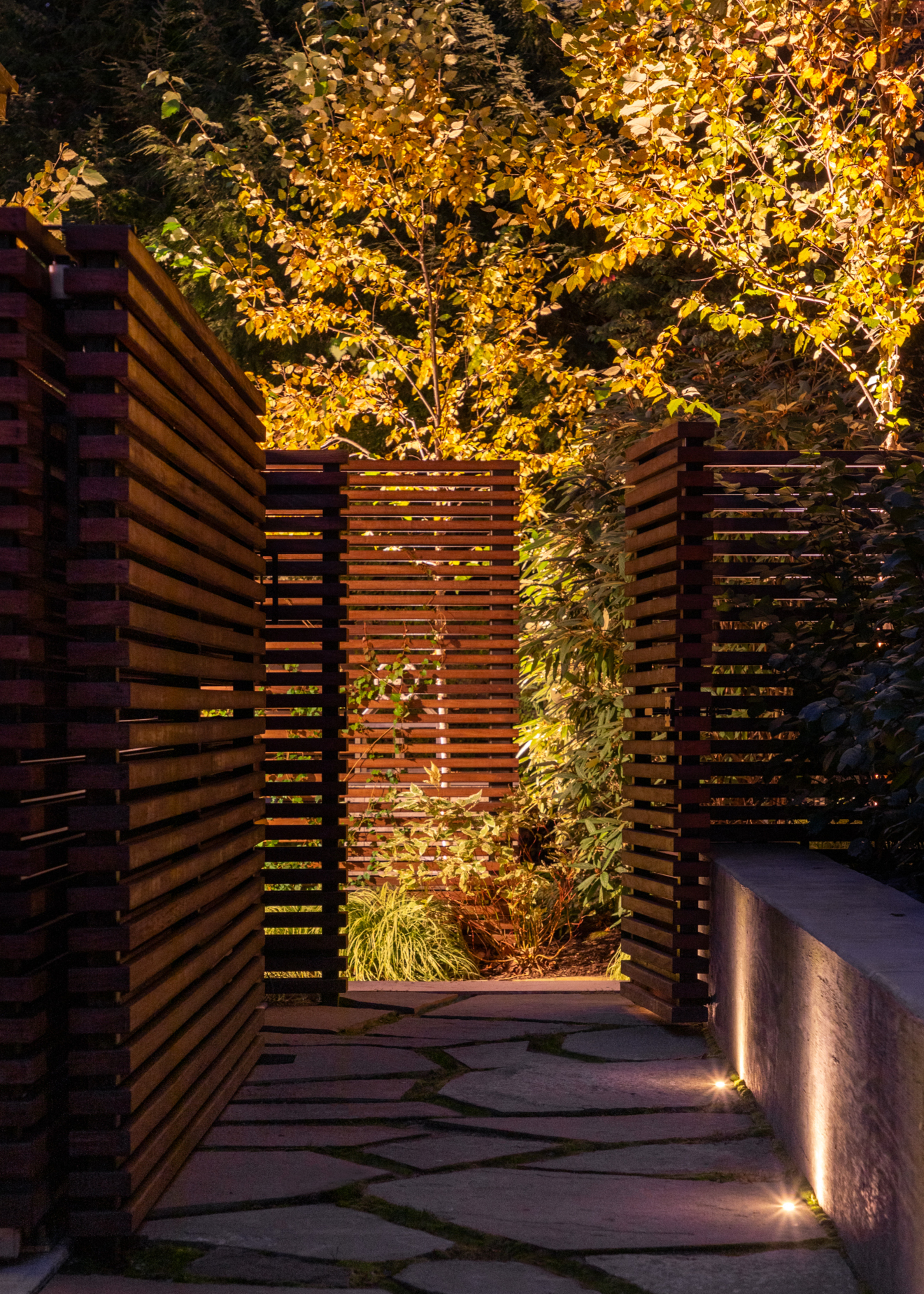 Path surrounded by wooden slatted frames, illuminated at night