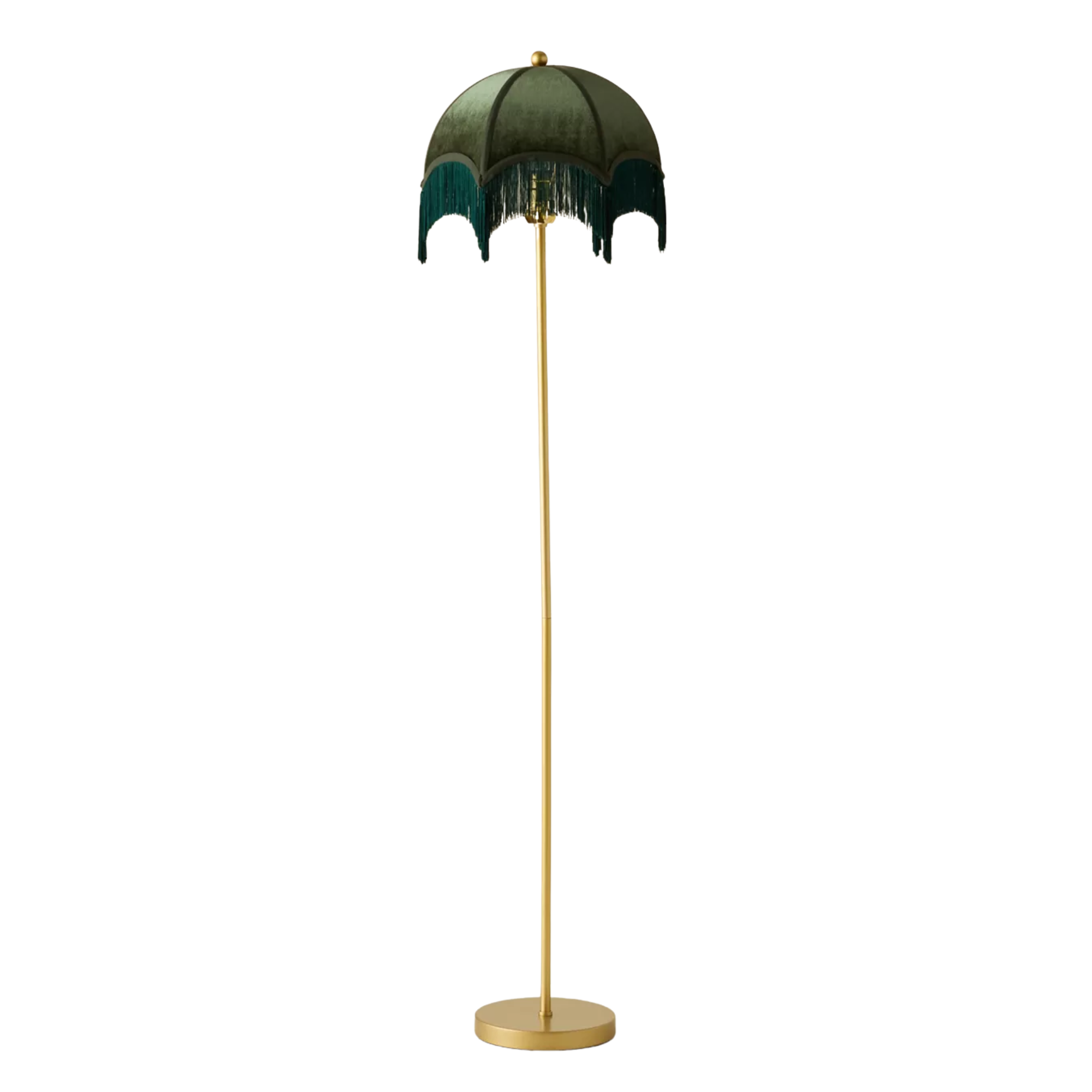 a floor lamp with a green fringed shade