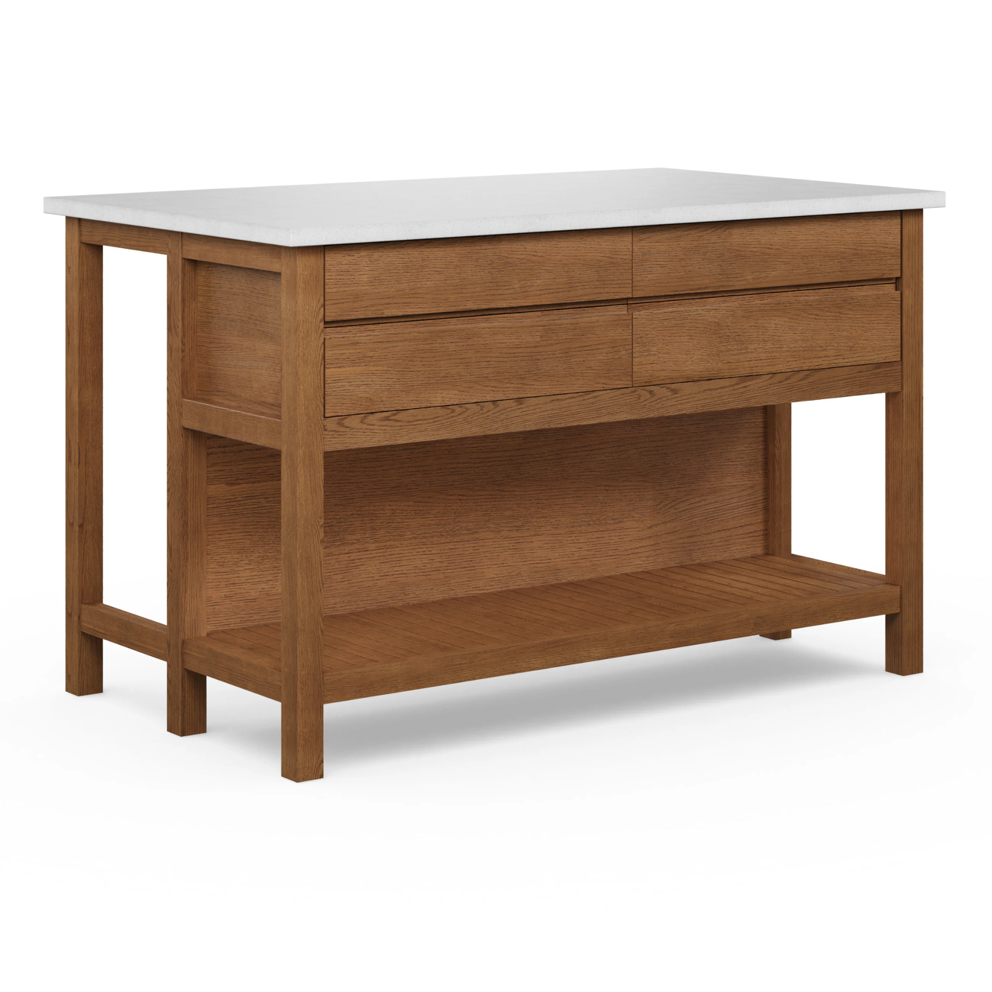 a freestanding kitchen island with a white worktop