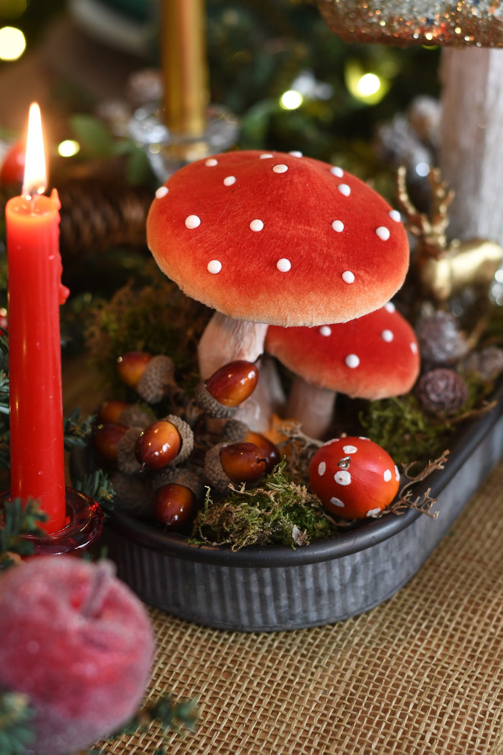 Mushroomcore – Red Flock Toadstool Ornament, Gisela Graham Mushroomcore Red Flock Toadstool Ornament, Gisela Graham with red candles