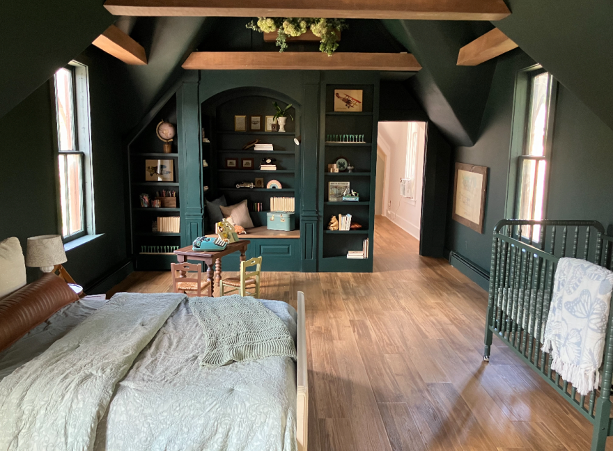 The renovation was led by designer Alison Victoria, who incorporated bold colors, cemetery gate-inspired arch designs, and custom bookcases.