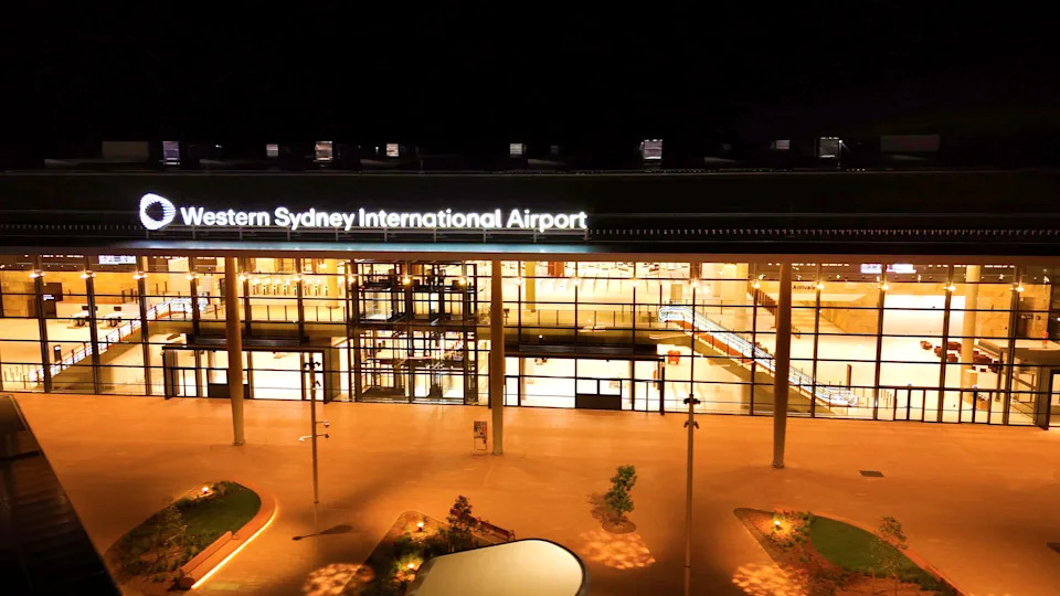 Aerial drone closeup of the new Western Sydney Airport in Badgerys Creek, NSW Australia early morning at night