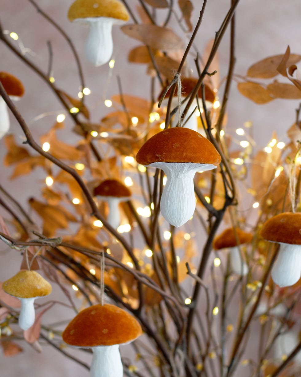 Autumn decorations on the branch tree a lighted branch tree with orange mushroom decorations hanging from it