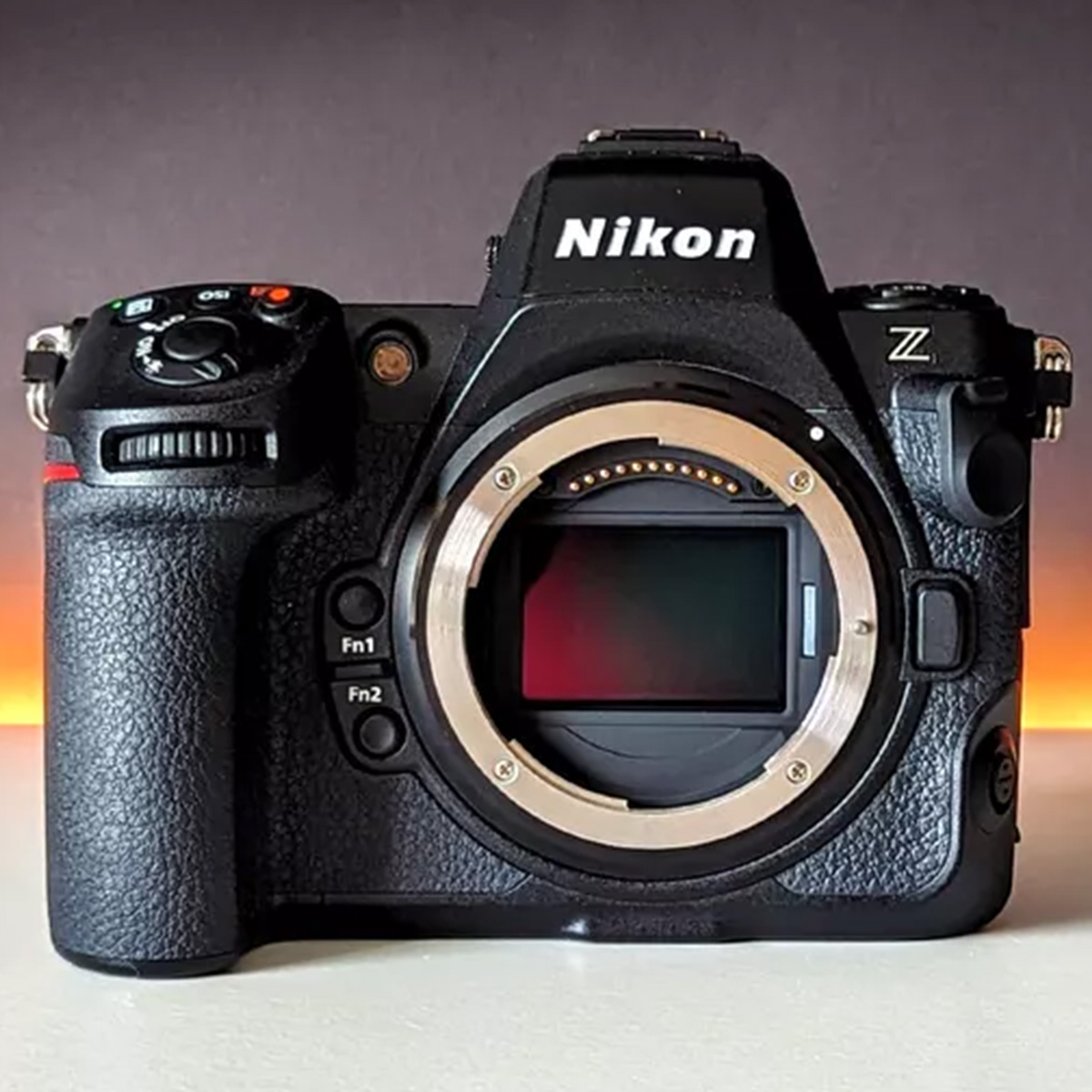 The body of the Nikon Z8 stood on a white surface