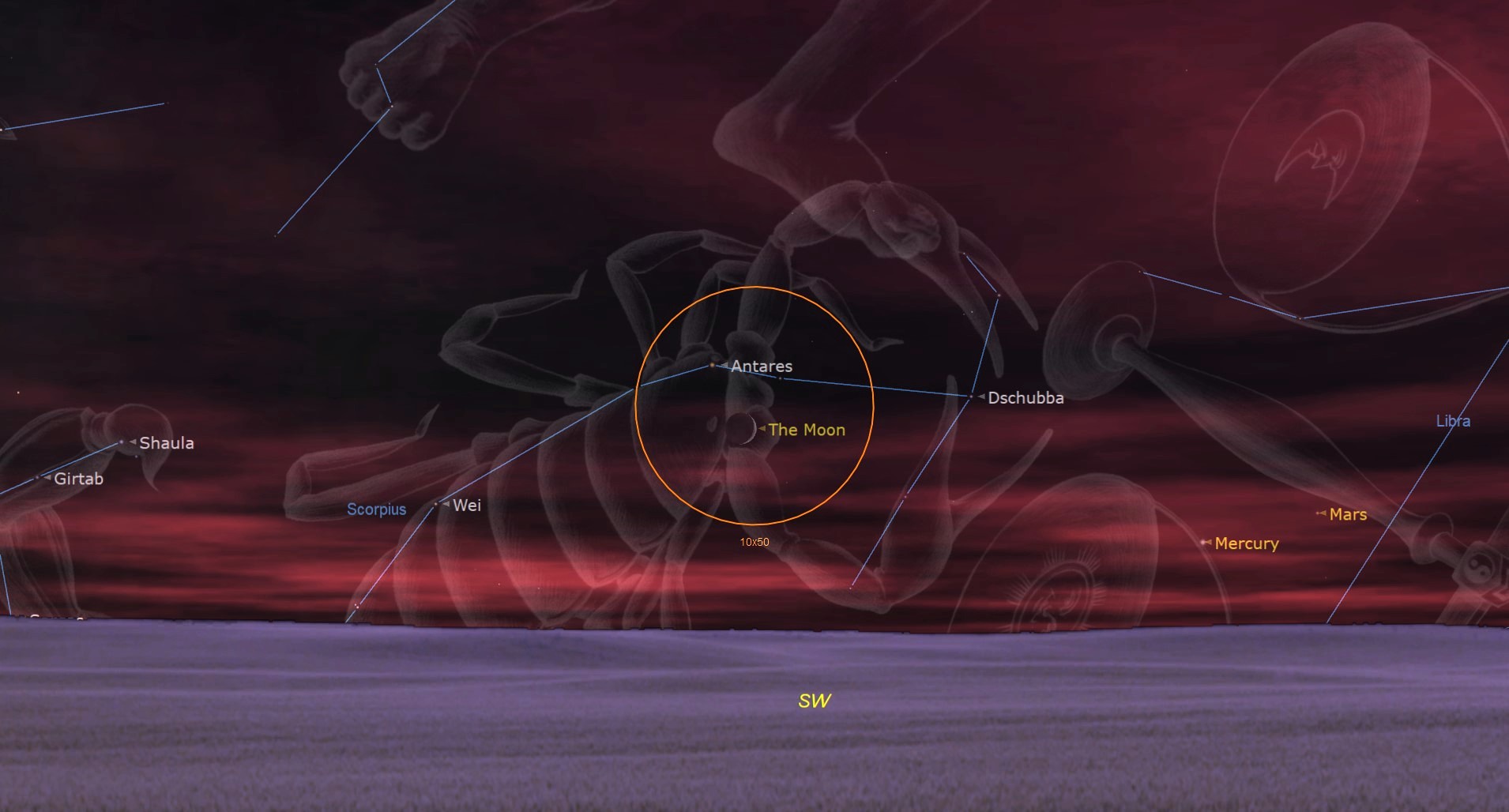 A constellation map showing the constellation Scorpius, with an orange circle in the center showing a labeled Antares star, next to the lunar symbol showing the moon