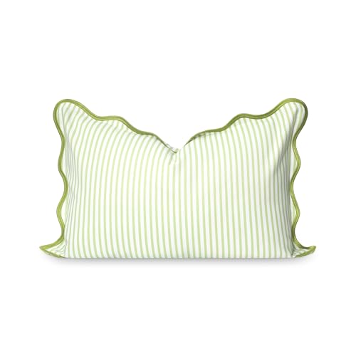 Hofdeco Premium Coastal Patio Indoor Outdoor Wavy Lumbar Cushion Cover Only 12"x20" Water repellent for garden, couch, green print stripes