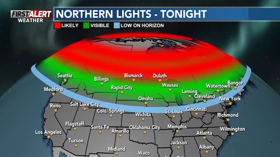 Clouds and rain showers will make it difficult to see the Northern Lights in the evening hours on Thursday...