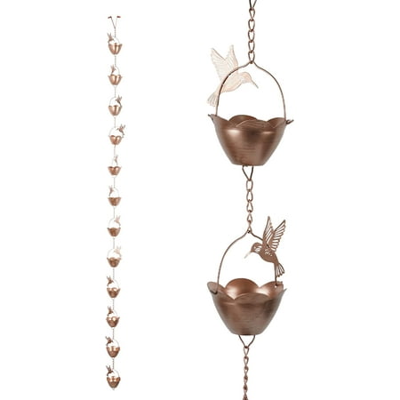 Topadorn Rain Chain, 8.5 Foot Collector Cup and Metal Hummingbird Rain Chain, Functional and Decorative Replacement for Gutter Downspouts, Adjustable, Antique Gold