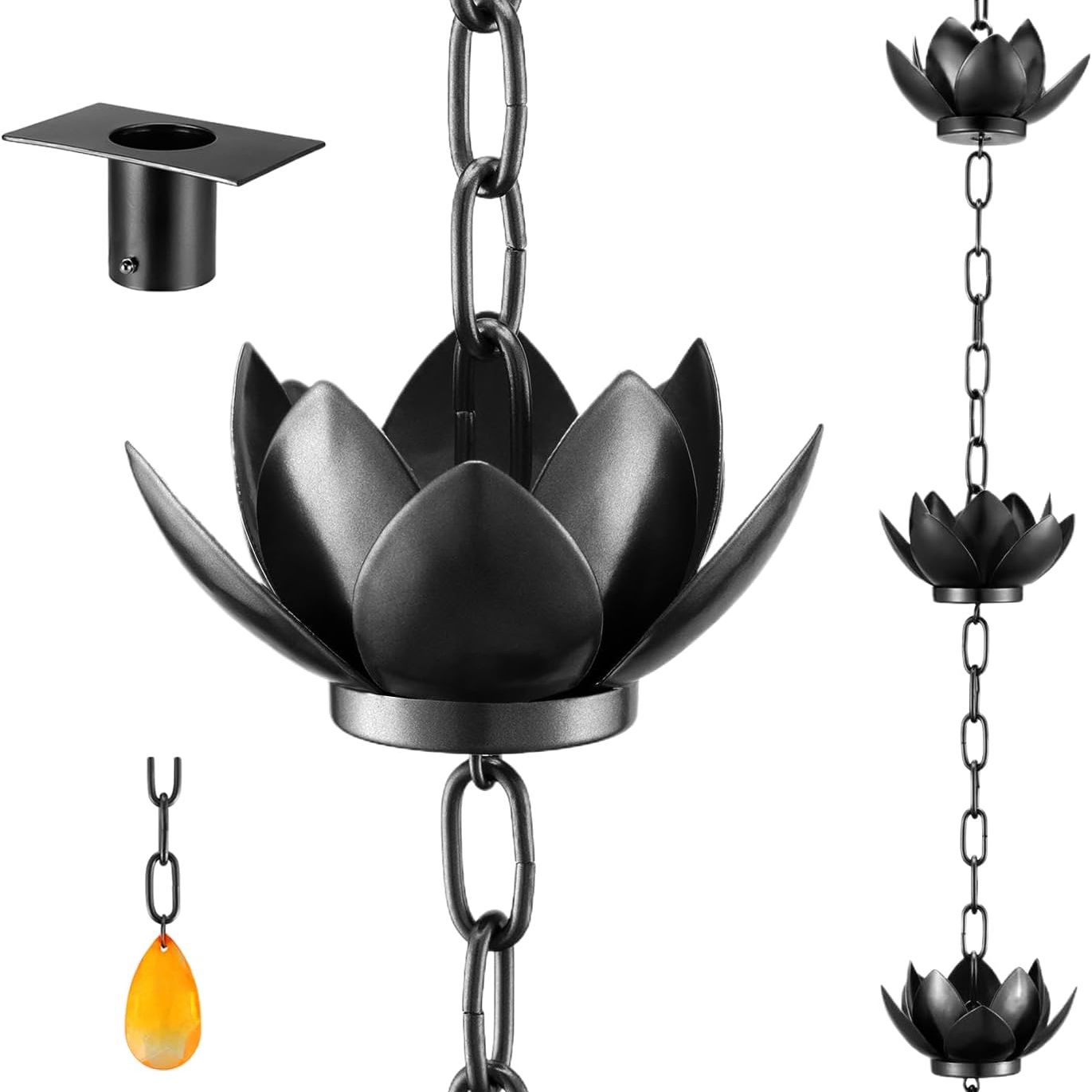 Oak Leaf Rain Chain with Adapter, 8.5ft Adjustable Lotus Rain Chain for Gutter Outside Downspout, Water Diversion and Home Display, Black Powder Coated