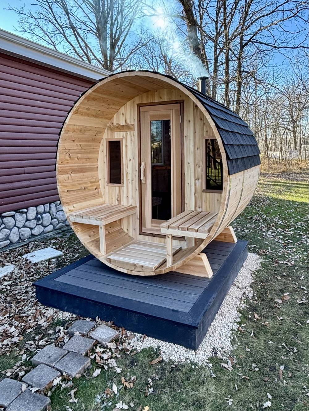 The sauna set was installed on the prefabricated patio platform, which was sheathed in composite decking and matched the porch. (Marc LaBossiere/Free Press)