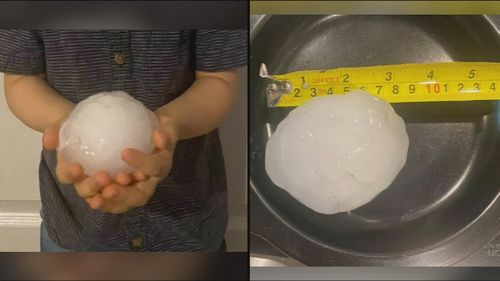Storms in southeast Queensland are ripping off roofs, dropping huge hail and leaving 95,000 people without power