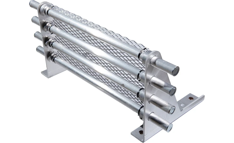 Aluminum shelf with five horizontal tubes and a grid top.