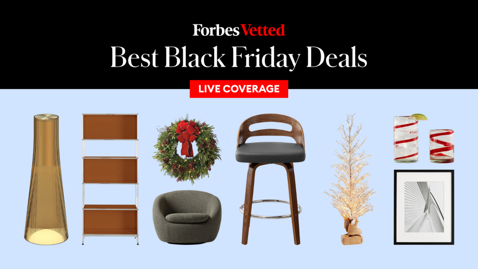 Furniture and decor on a blue background with Forbes Vetted brand text